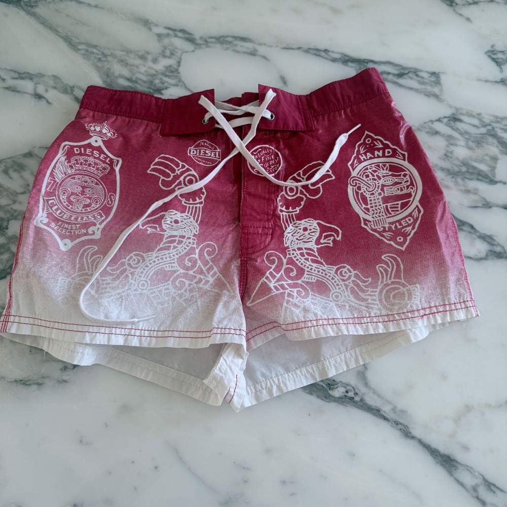 Diesel Mens Red White Gradient Graphic Swim Trunks Lace Up Shorts Size S